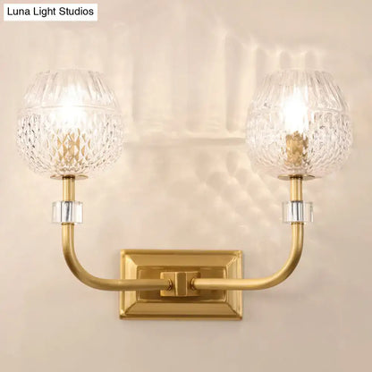 Gold Dome Lattice Light dual-light wall sconce with crystal shades and brass arms by Decorbites on Tampa Home & Garden Store