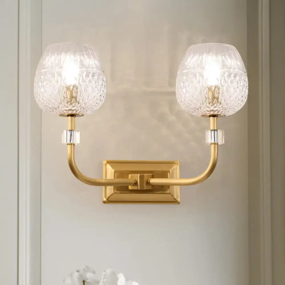 Gold dome lattice light wall sconce in brass with two crystal glass shades, Decorbites on Tampa Home & Garden Store