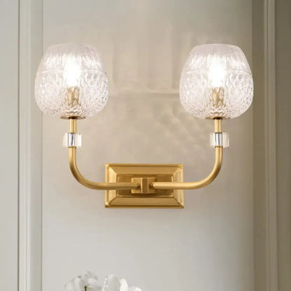 Gold dome lattice light wall sconce in brass with two crystal glass shades, Decorbites on Tampa Home & Garden Store