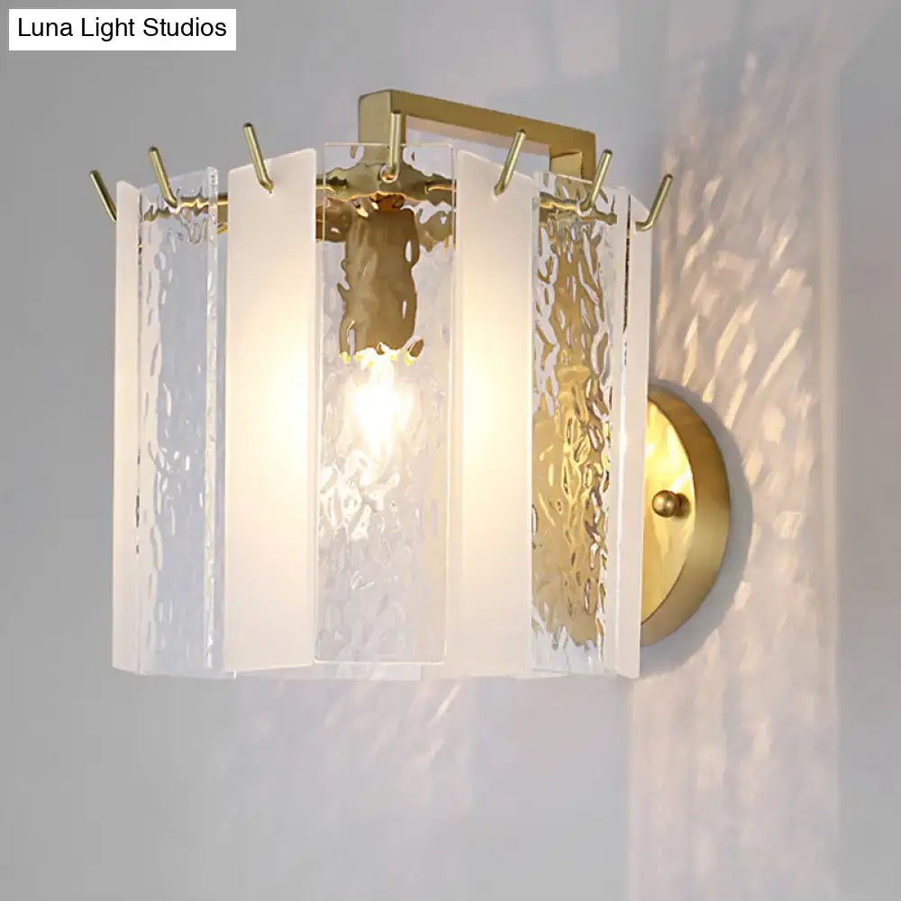 Gold drum glass sconce by Decorbites, brass finish wall light with hammered glass panels on Tampa Home & Garden Store