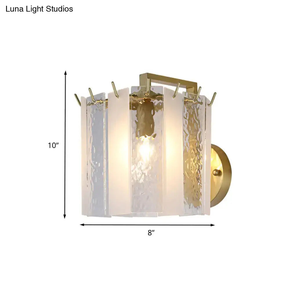 Gold drum glass sconce by Decorbites with panels and brass backplate, 10in tall x 8in wide on Tampa Home & Garden Store
