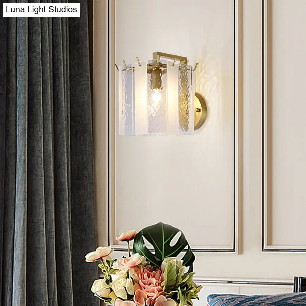 Gold drum glass sconce with prism glass panels and brass base by Decorbites on Tampa Home & Garden Store