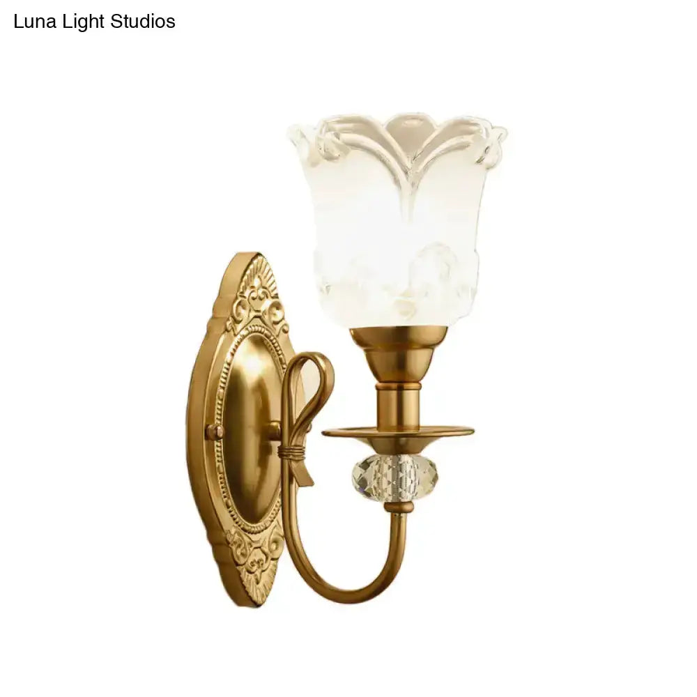 Gold frosted glass petal wall lamp sconce with brass backplate and crystal by Decorbites on Tampa Home & Garden Store