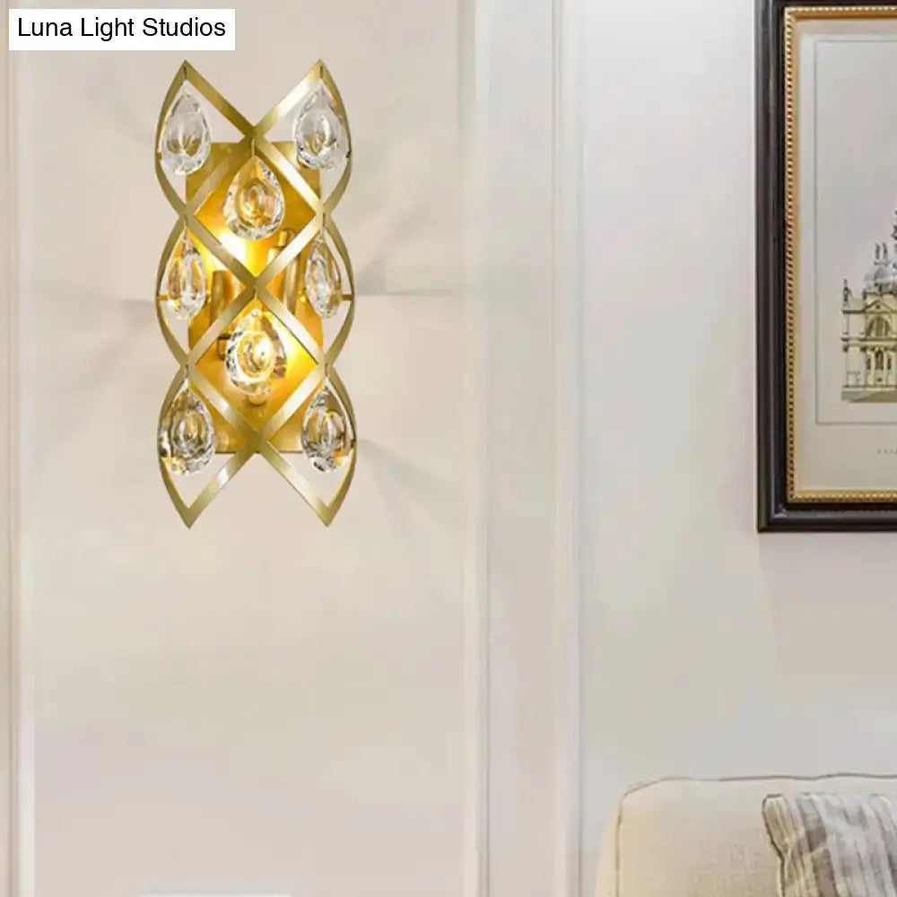 Contemporary gold teardrop sconce with clear crystals, living room light fixture on Tampa Home & Garden Store