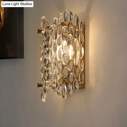 Contemporary gold metal wall light with clear crystal discs for hallway Decorbites on Tampa Home & Garden Store