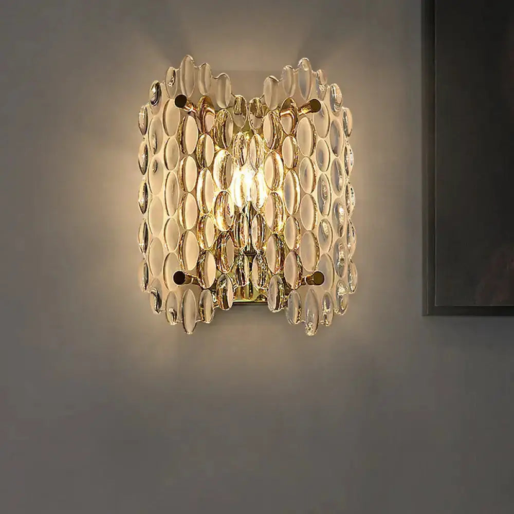 Contemporary gold metal wall light fixture with clear crystal discs, Decorbites hallway lamp on Tampa Home & Garden Store