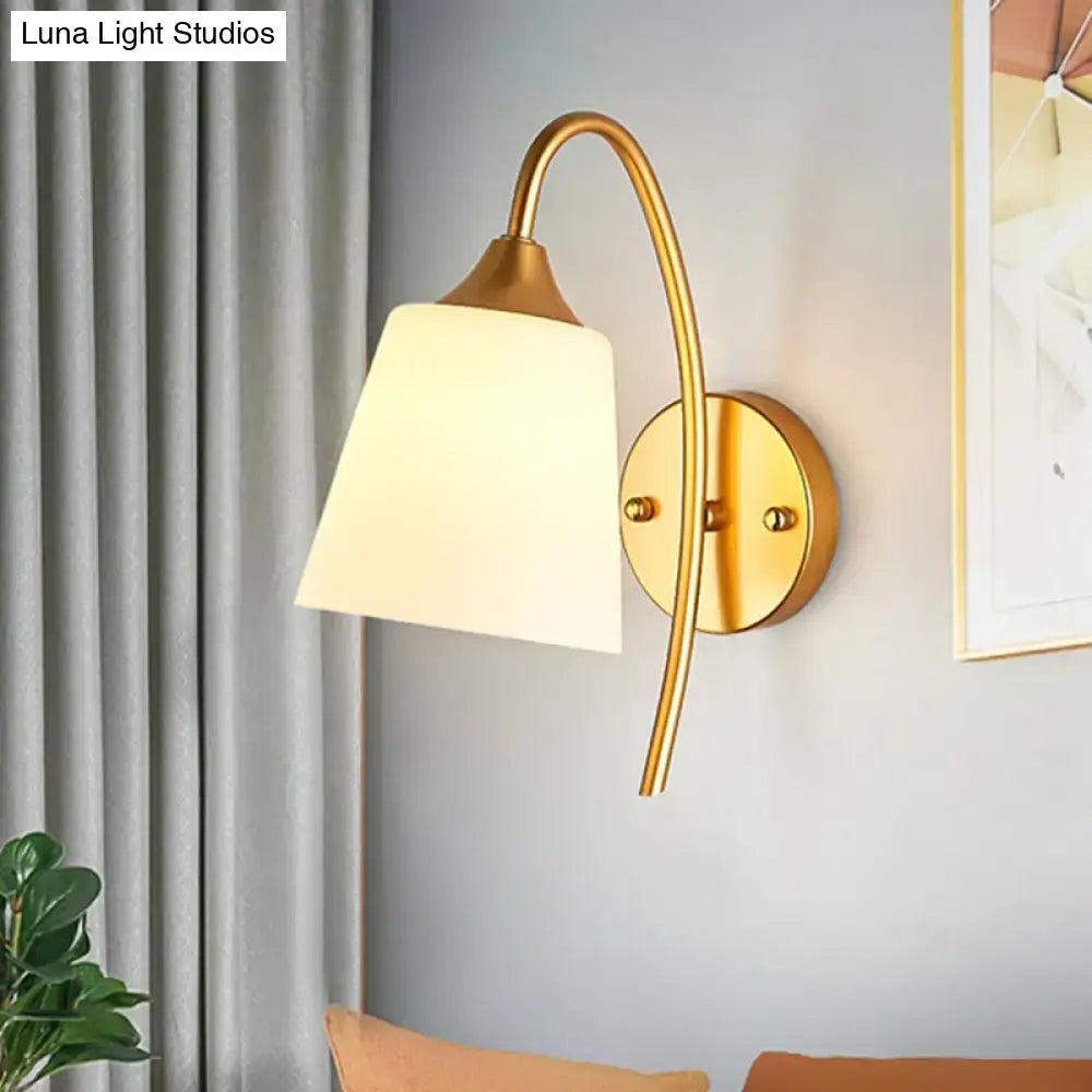 Gold Milk Glass Tapered Bedroom Sconce by Decorbites, brass arc wall light with cream shade on Tampa Home & Garden Store