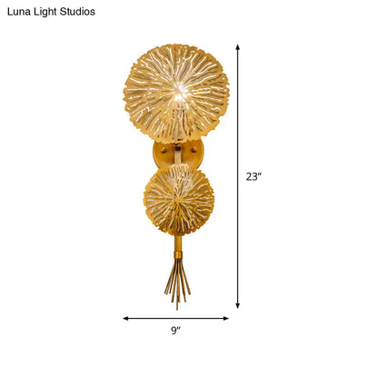 Gold Sunburst Wall Sconce by Decorbites, double sunburst discs with tassel fringe, 23in tall on Tampa Home & Garden Store