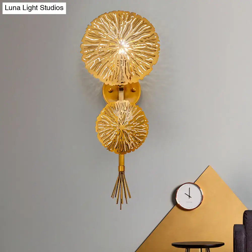 Gold Sunburst wall sconce by Decorbites with dual circular disks and tassel on Tampa Home & Garden Store