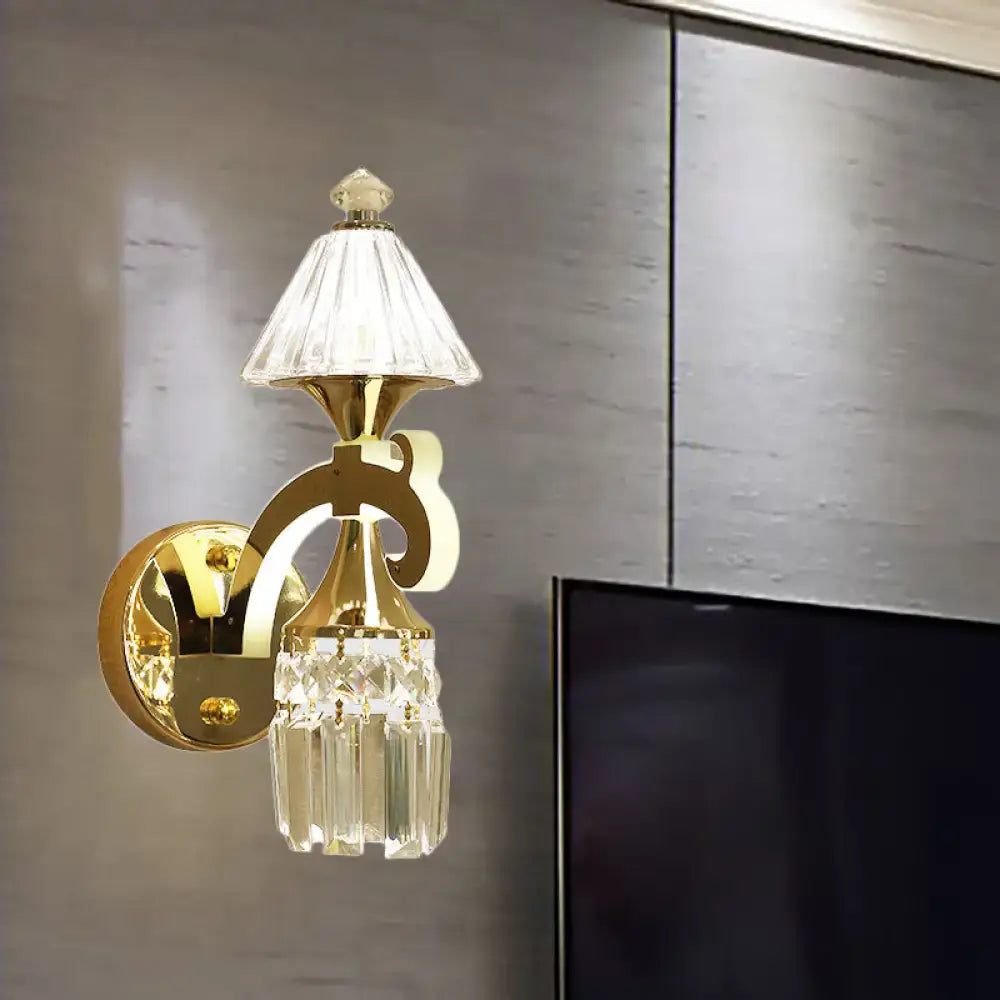 Gold crystal bedroom sconce with glass shade and crystal pendant on gold wall mount Decorbites on Tampa Home & Garden Store
