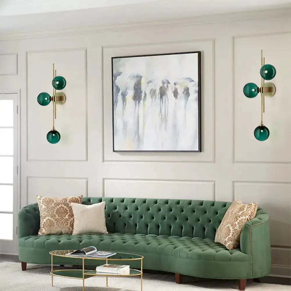 Brass and Glass Green Globe Wall Sconce Lamp