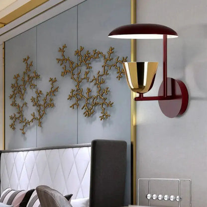 Contemporary red and gold wall sconce with gold cup shade Decorbites bedroom light fixture on Tampa Home & Garden Store