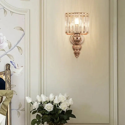 Rose Gold Crystal Sconce with square backplate and ornate leaf detail by Decorbites on Tampa Home & Garden Store
