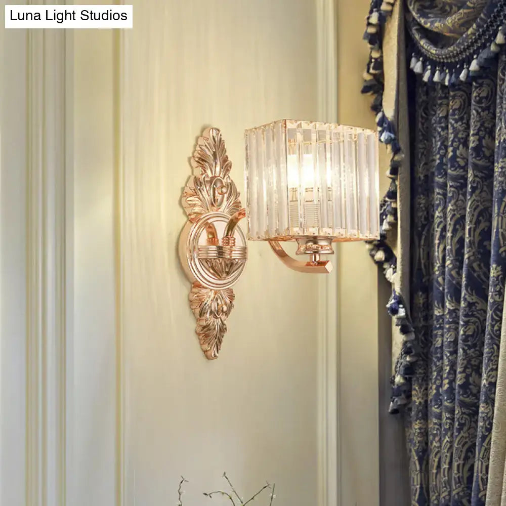 Rose gold crystal sconce with square backplate and ribbed crystal shade, wall light on Tampa Home & Garden Store