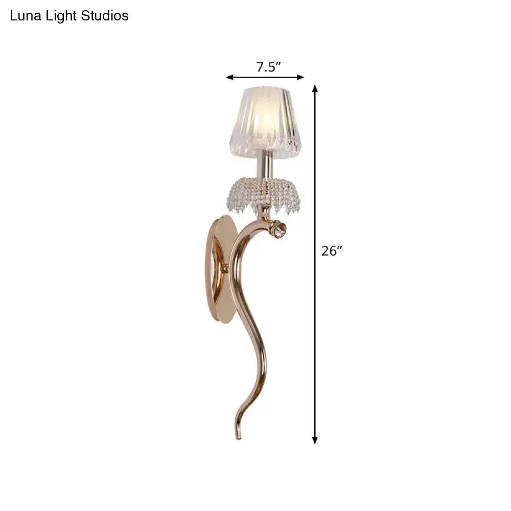 Rose Gold Wave Ribbed Glass Sconce by Decorbites; curved arm, 7.5in shade, 26in tall on Tampa Home & Garden Store