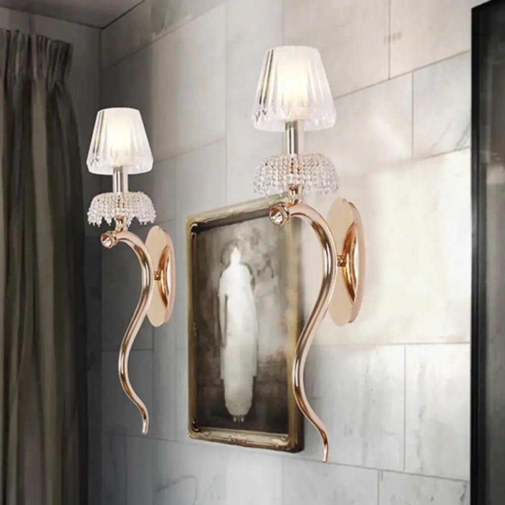 Rose Gold Wave Ribbed Glass Sconce pair with crystal fringe and fabric shades by Decorbites on Tampa Home & Garden Store