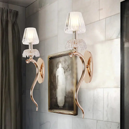 Rose Gold Wave Ribbed Glass Sconce pair with crystal fringe and fabric shades by Decorbites on Tampa Home & Garden Store