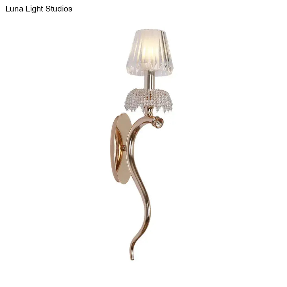 Rose Gold Wave Ribbed Glass Sconce by Decorbites with crystal fringe curved arm on wall on Tampa Home & Garden Store