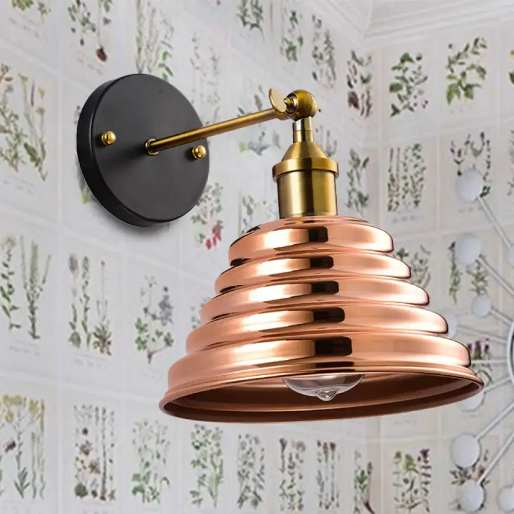 Rose Gold Ribbed Metal Sconce by Decorbites with brass arm and black wall mount on Tampa Home & Garden Store