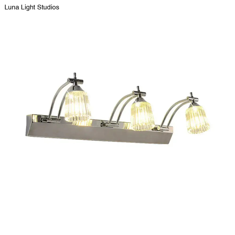 Silver Crystal Vanity Light with three ribbed glass shades on curved chrome arms on Tampa Home & Garden Store