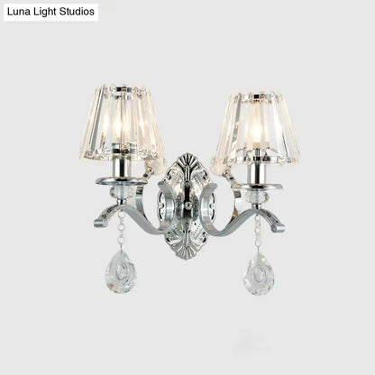 Decorbites Silver Crystal Dual-Light Wall Lamp with twin crystal shades and hanging prisms on Tampa Home & Garden Store