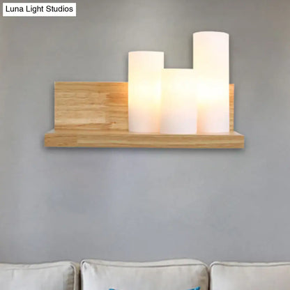 3-Head Contemporary Tube Shade Wall Lamp with Wooden Shelf – Perfect for Cloth Shop