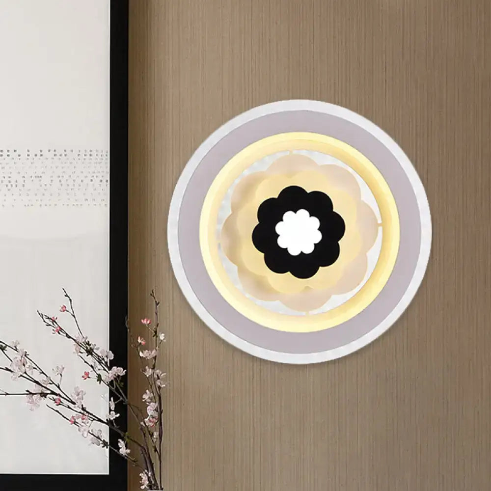 White Beige LED Sconce by Decorbites, petal layered wall light on wood wall on Tampa Home & Garden Store