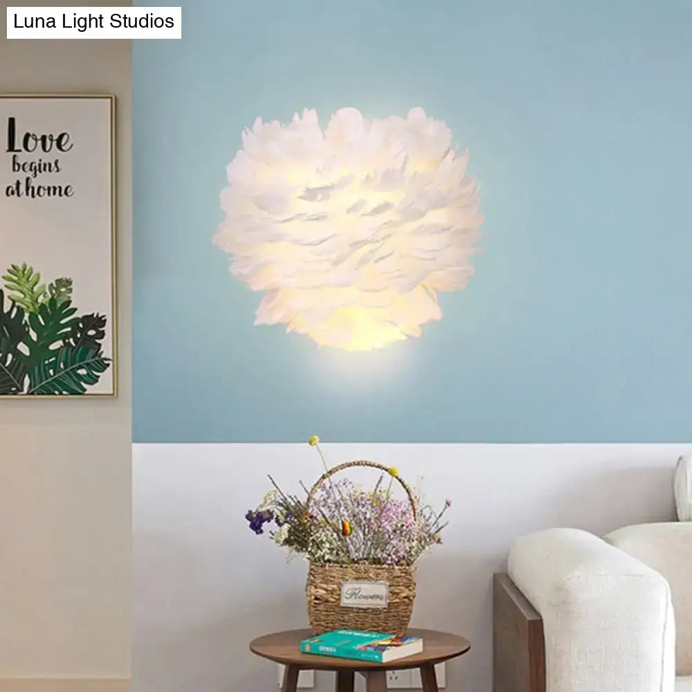 White Feather Single Bulb Sconce by Decorbites with feather globe shade on Tampa Home & Garden Store