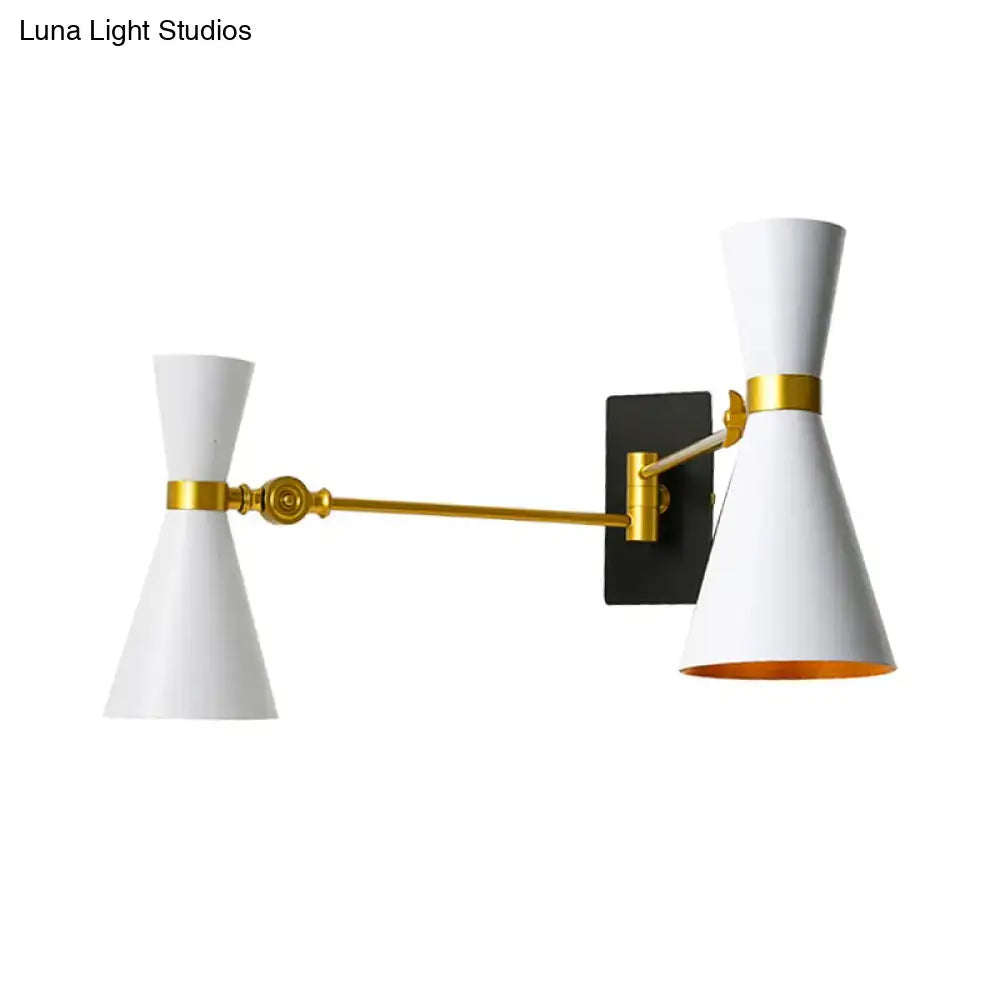 Gold Adjustable Arm 3-Light Wall Sconce Decorbites with two white cone shades on mount on Tampa Home & Garden Store