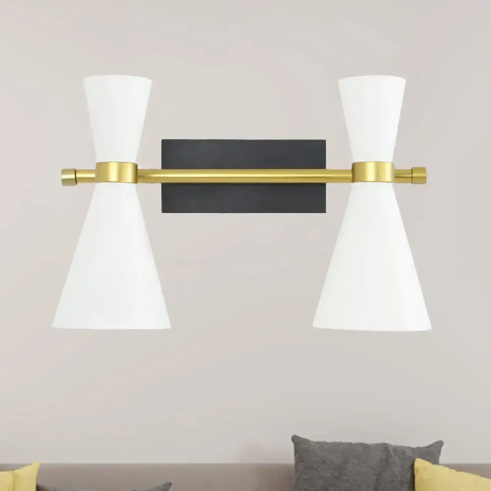 Gold Adjustable Arm 3-Light Wall Sconce with black backplate and white cone shades on Tampa Home & Garden Store