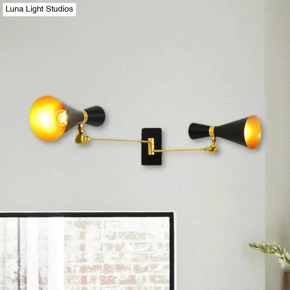 Decorbites gold adjustable arm 3-light wall sconce with black backplate and conical shades on Tampa Home & Garden Store