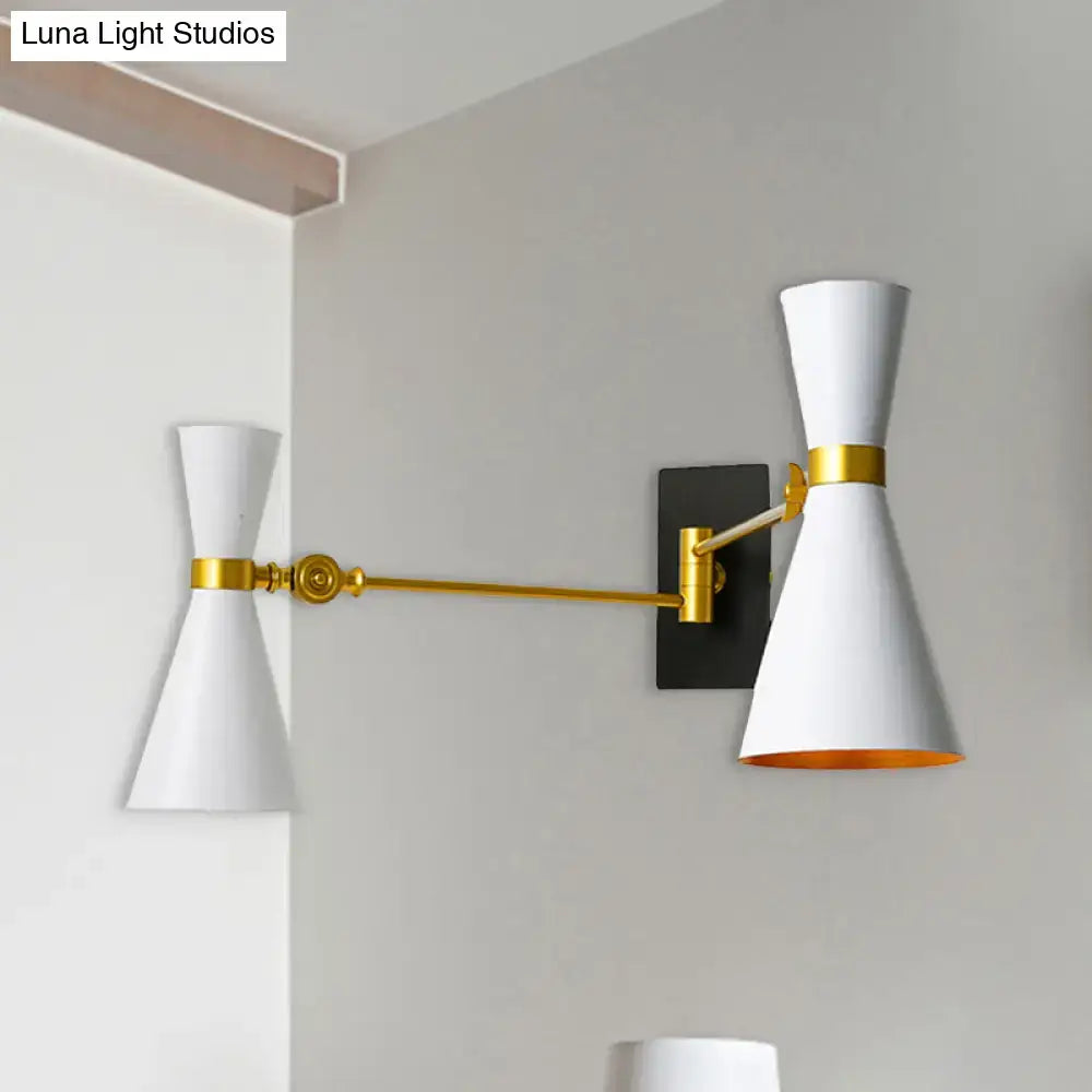 Decorbites gold adjustable arm 3-light wall sconce with white conical shades on Tampa Home & Garden Store