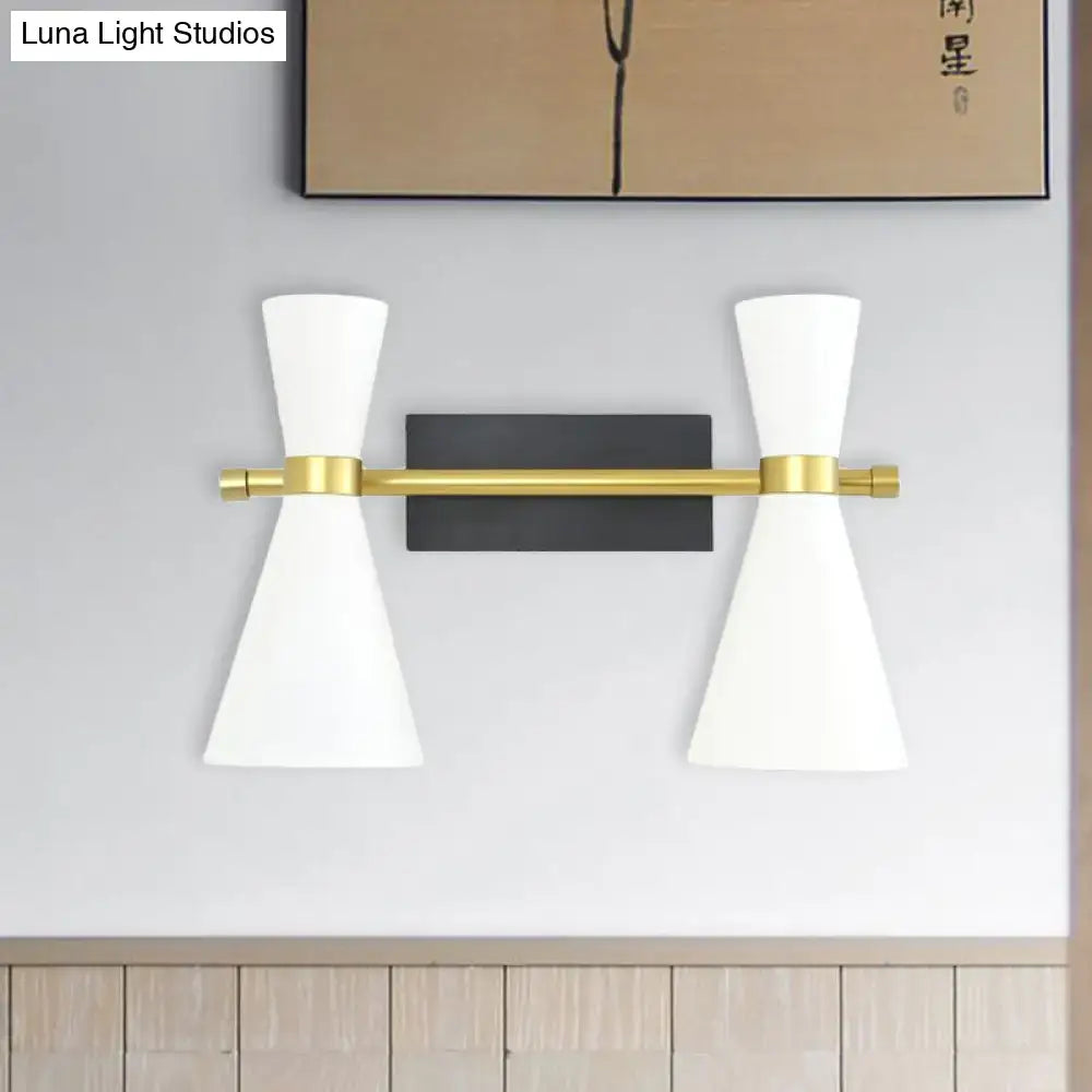 Gold adjustable arm two-light wall sconce by Decorbites with white shades and backplate on Tampa Home & Garden Store