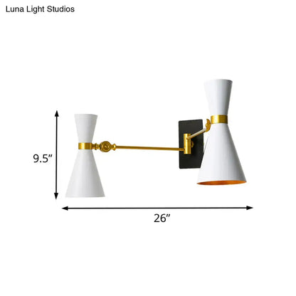 Gold-tone adjustable-arm wall sconce with two white cone shades by Decorbites on Tampa Home & Garden Store
