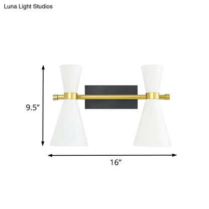 Gold adjustable arm 3-light wall sconce with a black backplate and white conical shades on Tampa Home & Garden Store