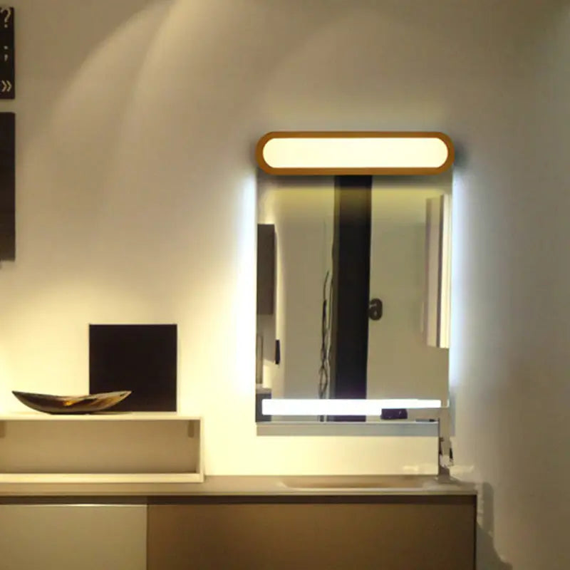 Decorbites wood LED elongated 25-inch vanity light with rounded wood frame above mirror on Tampa Home & Garden Store
