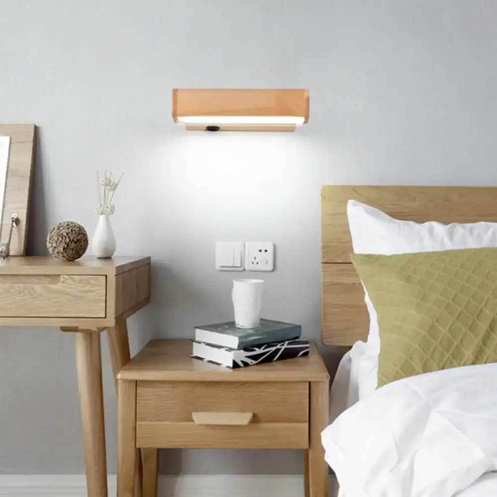 Wood LED Corridor Sconce by Decorbites in natural wood, wall-mounted above bedside table on Tampa Home & Garden Store