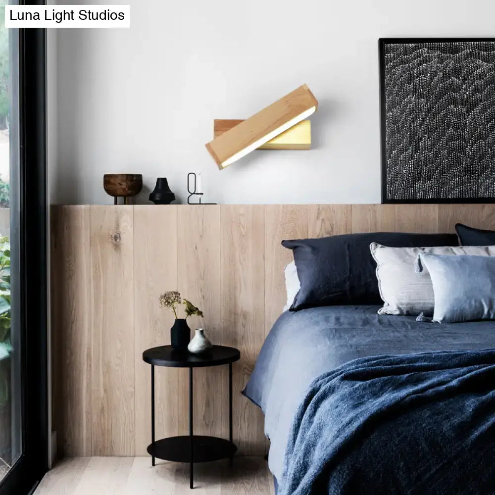Wood LED Corridor Sconce by Decorbites, natural wood angled wall light with warm glow on Tampa Home & Garden Store