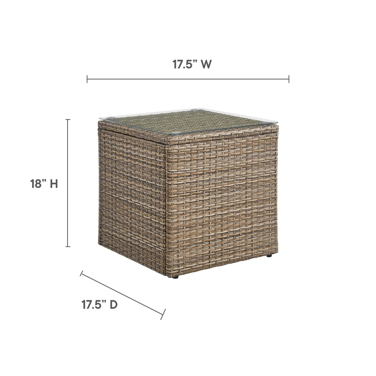 Convene outdoor patio side table in brown woven wicker with glass top, square 17.5W x 17.5D, 18H on Tampa Home & Garden Store