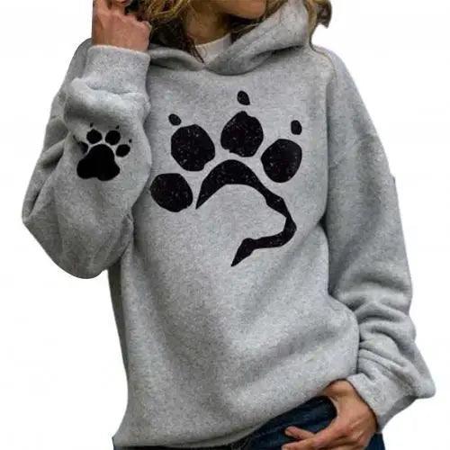 Stevvex gray hoodie with black paw print on chest and paw on sleeve long-sleeve pullover on Tampa Home & Garden Store