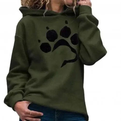 Green hoodie with black dog paw print design, long sleeve hooded sweatshirt on Tampa Home & Garden Store