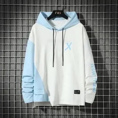 Stevvex hoodie ST12HF765FVF color-block white and light blue with hood, chest X logo, drawstring on Tampa Home & Garden Store