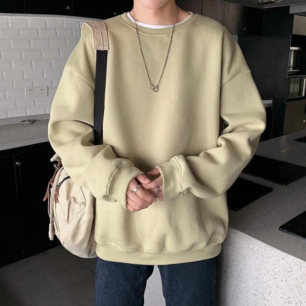 Stevvex beige solid streetwear pullover sweatshirt, long sleeves, crew neck on Tampa Home & Garden Store