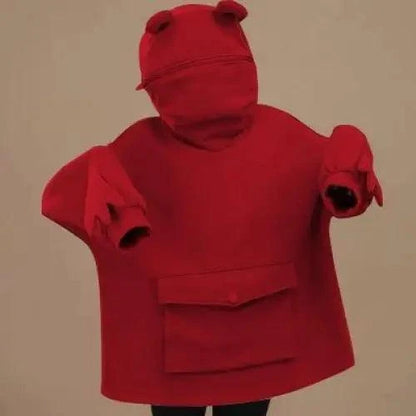 Stevvex women's red frog hoodie, oversized pullover with frog face hood and front pocket on Tampa Home & Garden Store