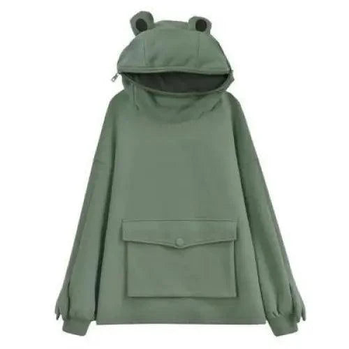 Womens frog hoodie olive green pullover with frog-ear hood and front pocket on Tampa Home & Garden Store