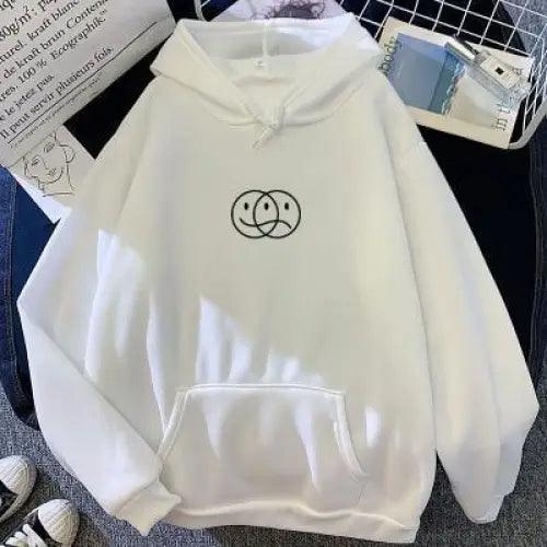 Stevvex white women's hoodie with black frog logo, hooded pullover, front pocket on Tampa Home & Garden Store
