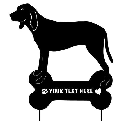 Black coonhound garden stake silhouette with bone plaque for custom text and paw accents on Tampa Home & Garden Store