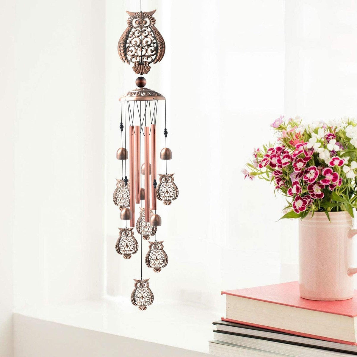 Copper wind chime with ornate owl pendants and copper tubes, Stevvex outdoor decor wind chime on Tampa Home & Garden Store