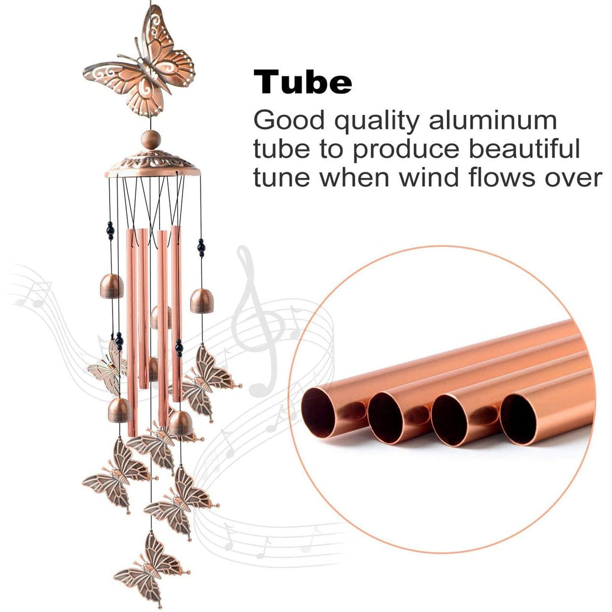 Copper wind chimes outdoor set with butterfly accents, beads and multiple tubes Stevvex on Tampa Home & Garden Store