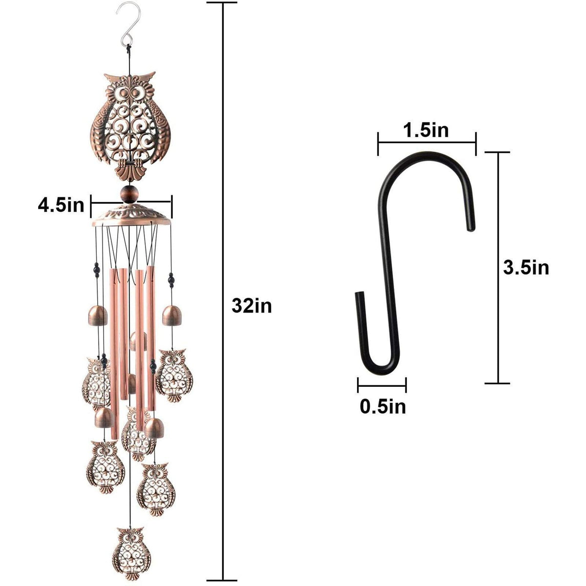 Copper wind chimes Stevvex, outdoor classic memorial wind chime with owl motifs for garden on Tampa Home & Garden Store